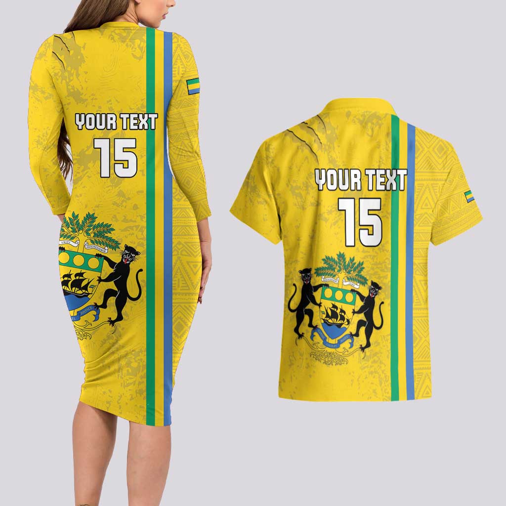 Custom Gabon Football Couples Matching Long Sleeve Bodycon Dress and Hawaiian Shirt Go Les Pantheres - Yellow Ver