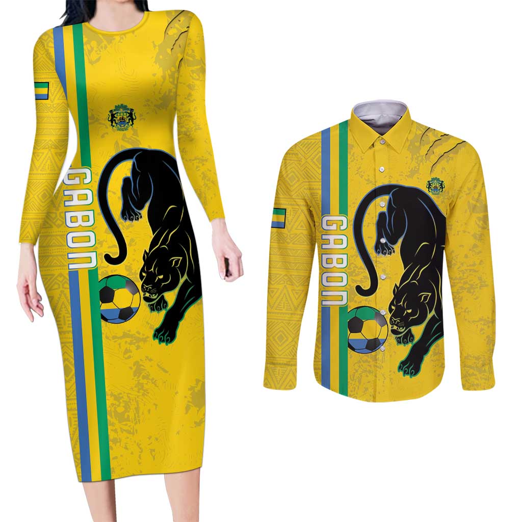 Custom Gabon Football Couples Matching Long Sleeve Bodycon Dress and Long Sleeve Button Shirt Go Les Pantheres - Yellow Ver