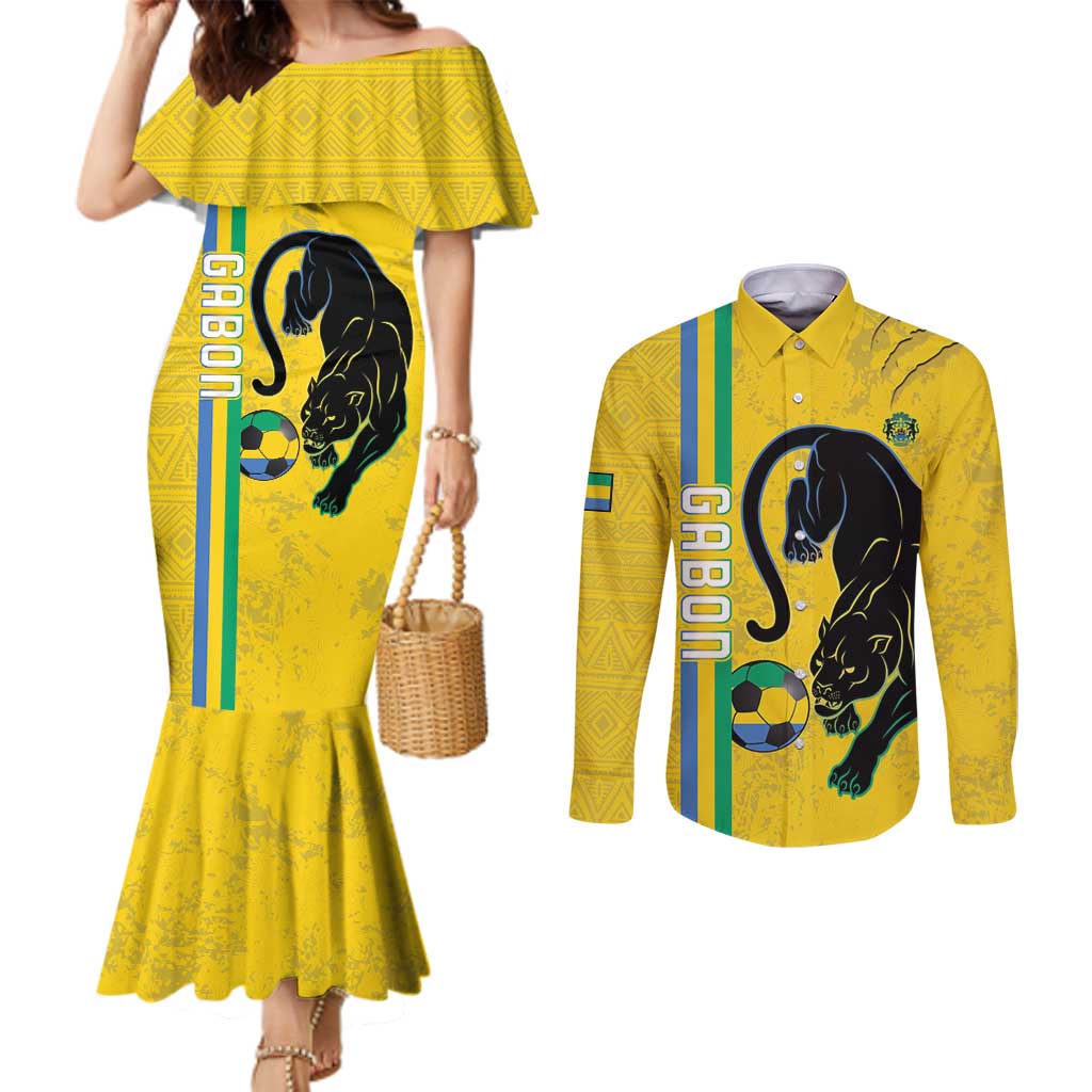 Custom Gabon Football Couples Matching Mermaid Dress and Long Sleeve Button Shirt Go Les Pantheres - Yellow Ver