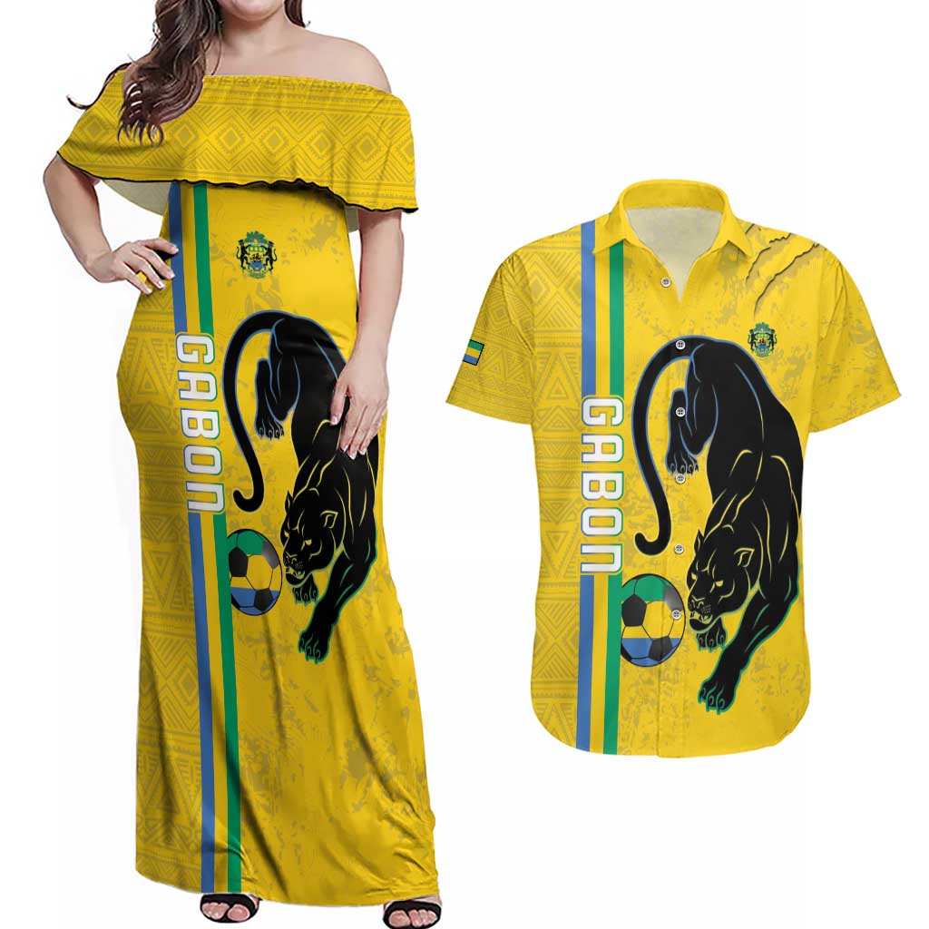 Custom Gabon Football Couples Matching Off Shoulder Maxi Dress and Hawaiian Shirt Go Les Pantheres - Yellow Ver