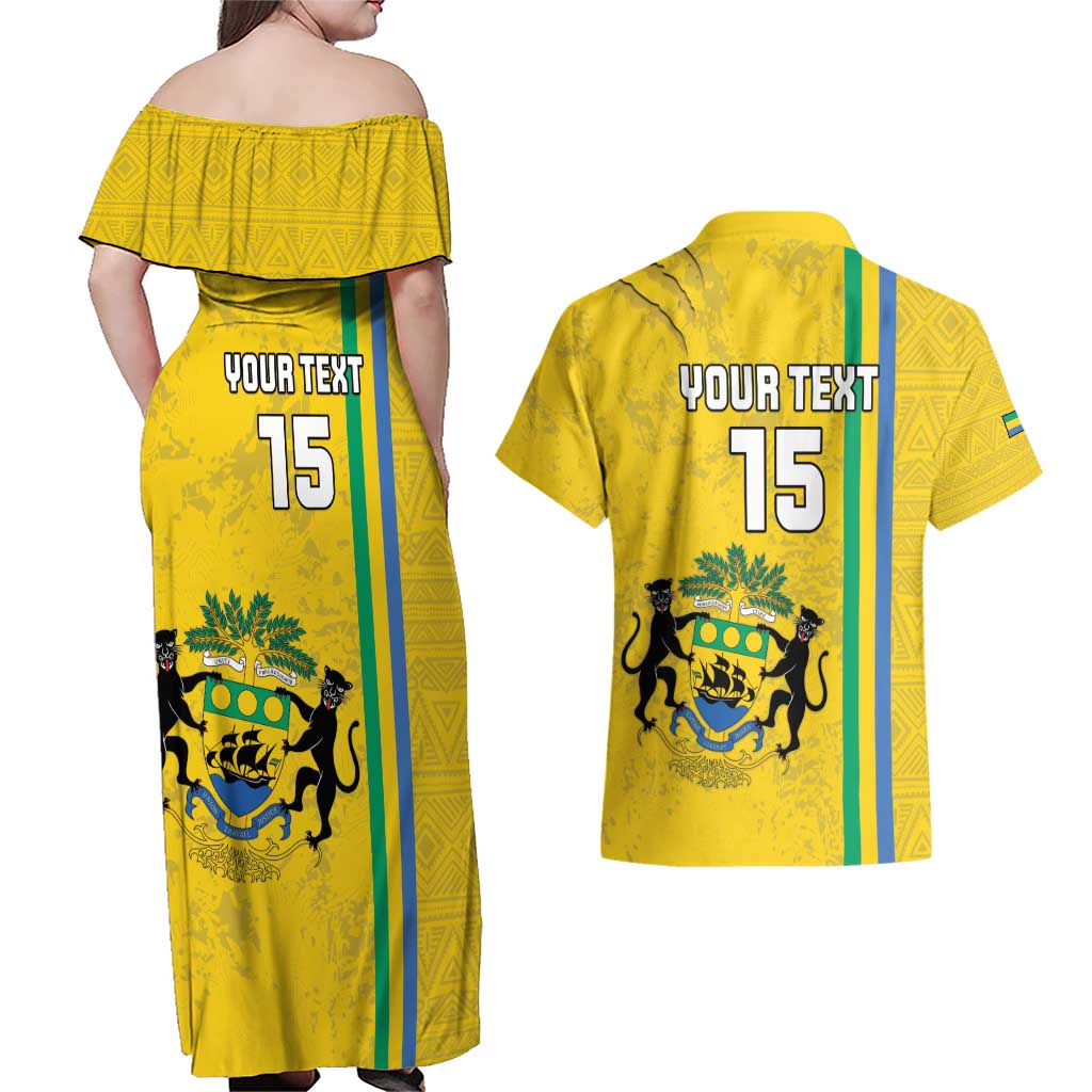 Custom Gabon Football Couples Matching Off Shoulder Maxi Dress and Hawaiian Shirt Go Les Pantheres - Yellow Ver