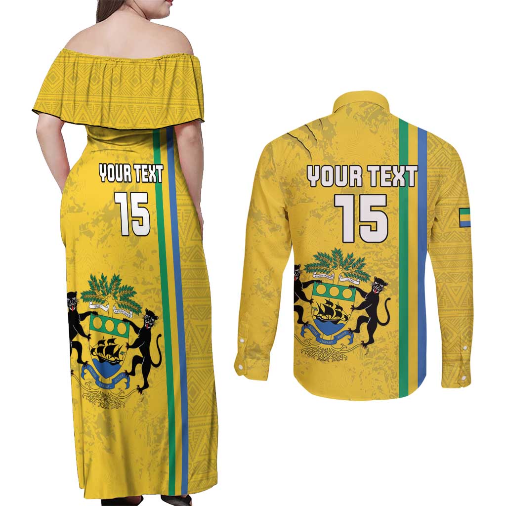 Custom Gabon Football Couples Matching Off Shoulder Maxi Dress and Long Sleeve Button Shirt Go Les Pantheres - Yellow Ver