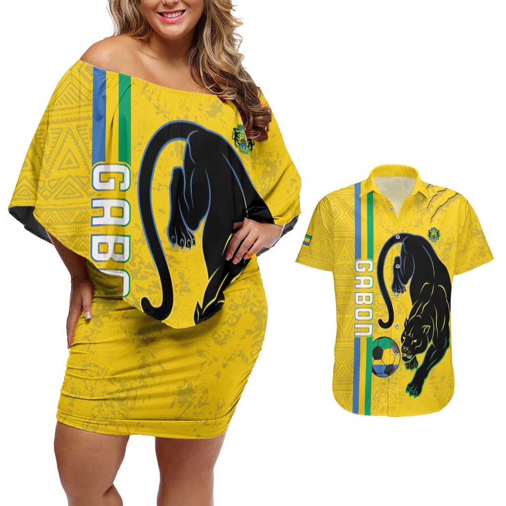Custom Gabon Football Couples Matching Off Shoulder Short Dress and Hawaiian Shirt Go Les Pantheres - Yellow Ver