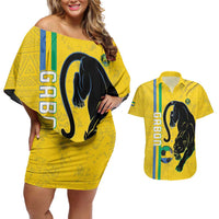 Custom Gabon Football Couples Matching Off Shoulder Short Dress and Hawaiian Shirt Go Les Pantheres - Yellow Ver