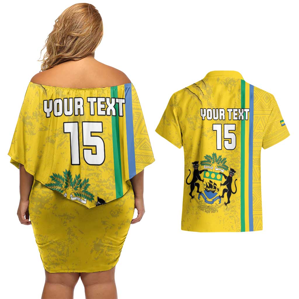 Custom Gabon Football Couples Matching Off Shoulder Short Dress and Hawaiian Shirt Go Les Pantheres - Yellow Ver