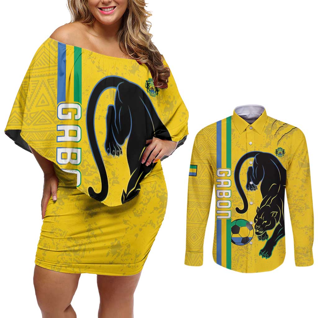 Custom Gabon Football Couples Matching Off Shoulder Short Dress and Long Sleeve Button Shirt Go Les Pantheres - Yellow Ver