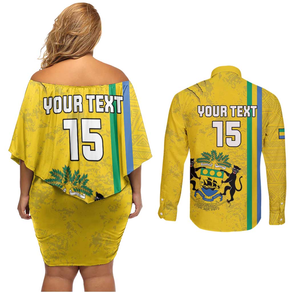 Custom Gabon Football Couples Matching Off Shoulder Short Dress and Long Sleeve Button Shirt Go Les Pantheres - Yellow Ver