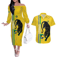 Custom Gabon Football Couples Matching Off The Shoulder Long Sleeve Dress and Hawaiian Shirt Go Les Pantheres - Yellow Ver