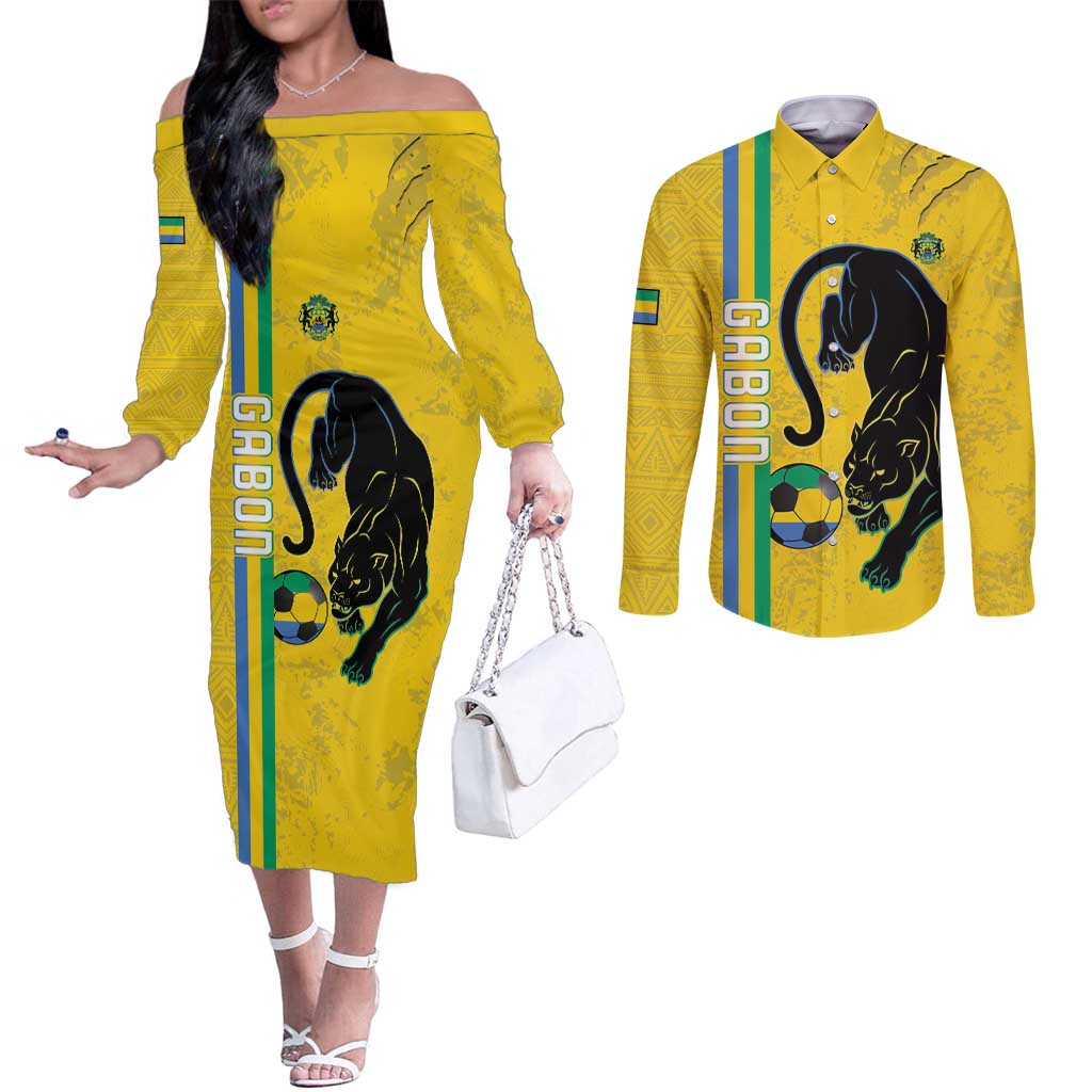 Custom Gabon Football Couples Matching Off The Shoulder Long Sleeve Dress and Long Sleeve Button Shirt Go Les Pantheres - Yellow Ver