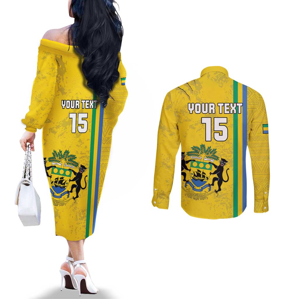 Custom Gabon Football Couples Matching Off The Shoulder Long Sleeve Dress and Long Sleeve Button Shirt Go Les Pantheres - Yellow Ver
