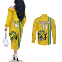 Custom Gabon Football Couples Matching Off The Shoulder Long Sleeve Dress and Long Sleeve Button Shirt Go Les Pantheres - Yellow Ver