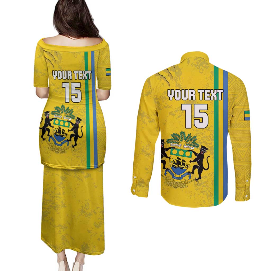 Custom Gabon Football Couples Matching Puletasi and Long Sleeve Button Shirt Go Les Pantheres - Yellow Ver