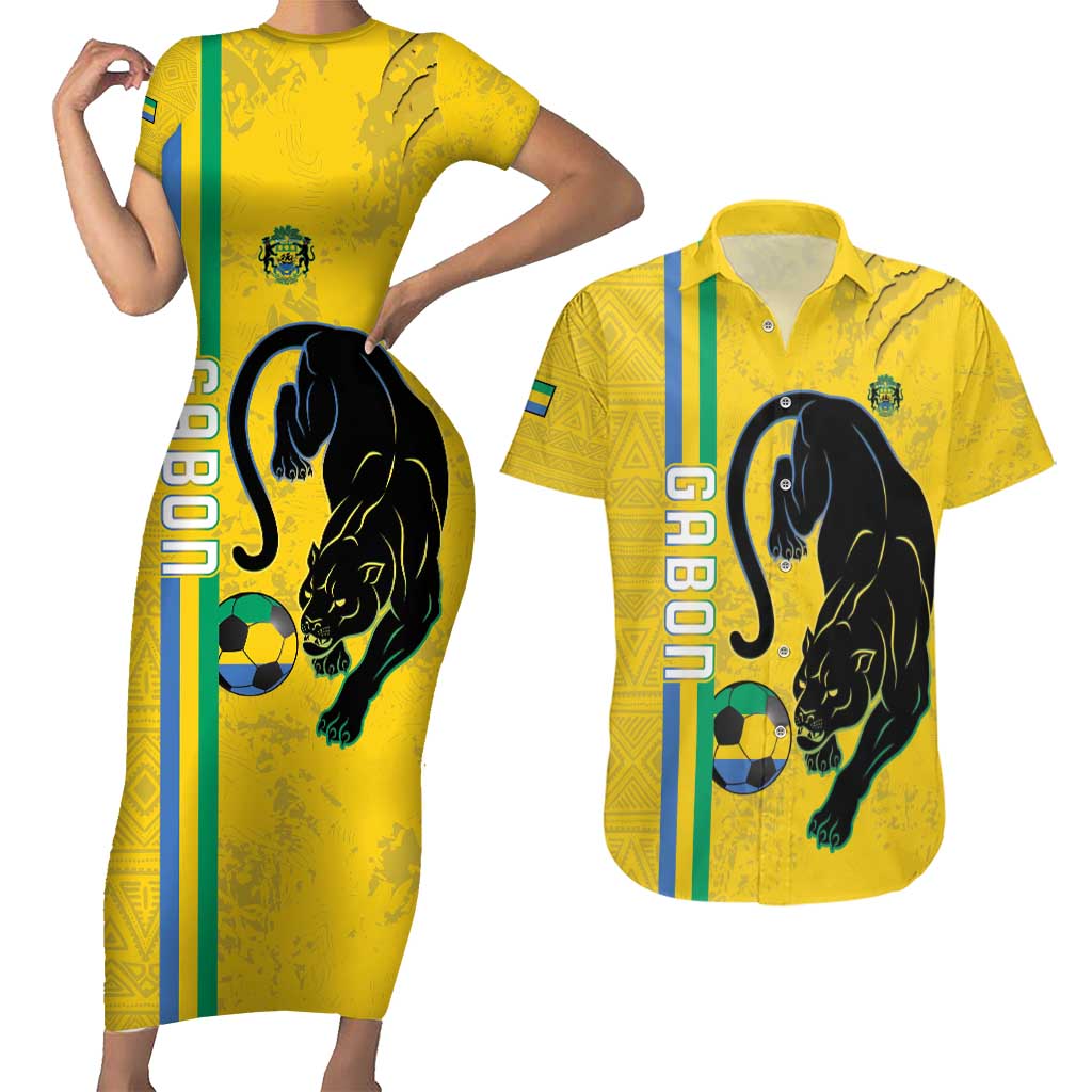 Custom Gabon Football Couples Matching Short Sleeve Bodycon Dress and Hawaiian Shirt Go Les Pantheres - Yellow Ver
