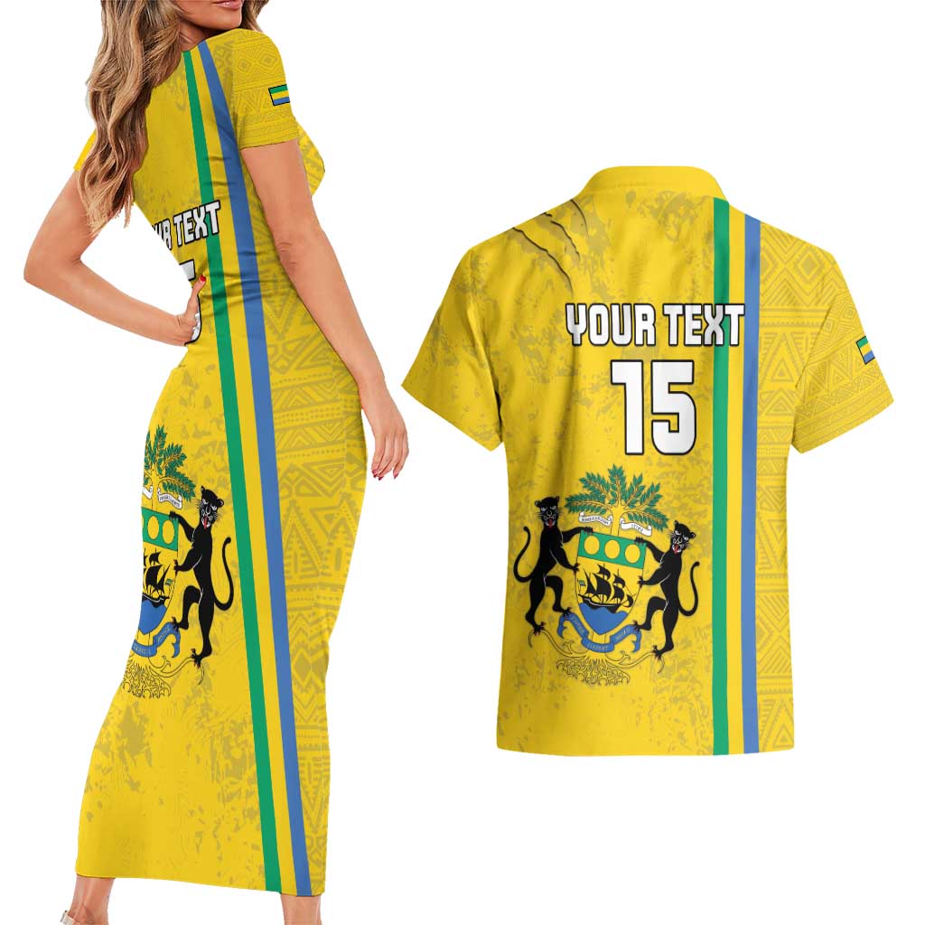 Custom Gabon Football Couples Matching Short Sleeve Bodycon Dress and Hawaiian Shirt Go Les Pantheres - Yellow Ver