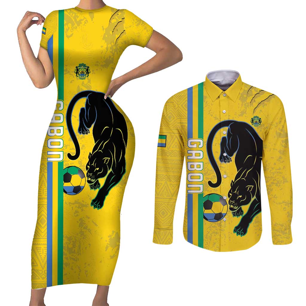 Custom Gabon Football Couples Matching Short Sleeve Bodycon Dress and Long Sleeve Button Shirt Go Les Pantheres - Yellow Ver