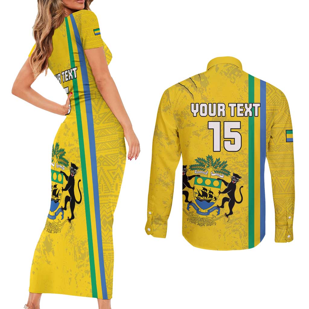 Custom Gabon Football Couples Matching Short Sleeve Bodycon Dress and Long Sleeve Button Shirt Go Les Pantheres - Yellow Ver