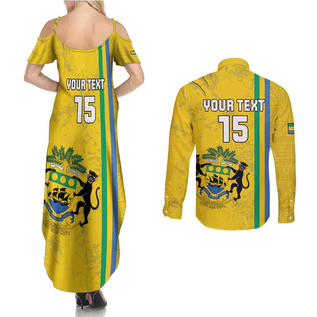 Custom Gabon Football Couples Matching Summer Maxi Dress and Long Sleeve Button Shirt Go Les Pantheres - Yellow Ver