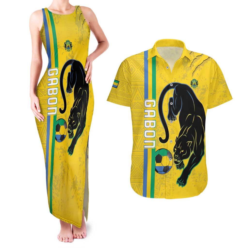 Custom Gabon Football Couples Matching Tank Maxi Dress and Hawaiian Shirt Go Les Pantheres - Yellow Ver
