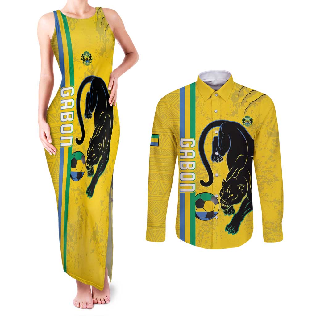 Custom Gabon Football Couples Matching Tank Maxi Dress and Long Sleeve Button Shirt Go Les Pantheres - Yellow Ver