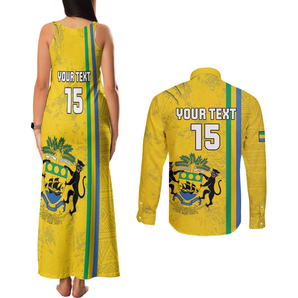 Custom Gabon Football Couples Matching Tank Maxi Dress and Long Sleeve Button Shirt Go Les Pantheres - Yellow Ver
