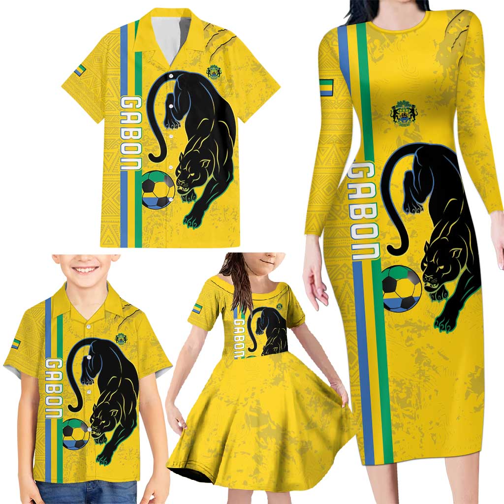 Custom Gabon Football Family Matching Long Sleeve Bodycon Dress and Hawaiian Shirt Go Les Pantheres - Yellow Ver