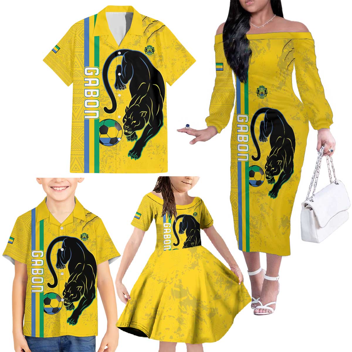 Custom Gabon Football Family Matching Off The Shoulder Long Sleeve Dress and Hawaiian Shirt Go Les Pantheres - Yellow Ver