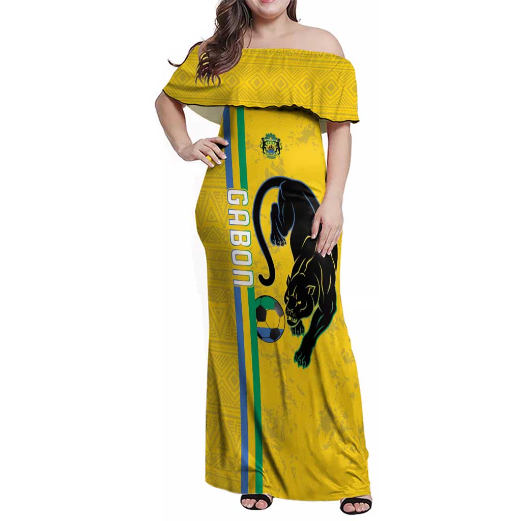 Custom Gabon Football Family Matching Off Shoulder Maxi Dress and Hawaiian Shirt Go Les Pantheres - Yellow Ver