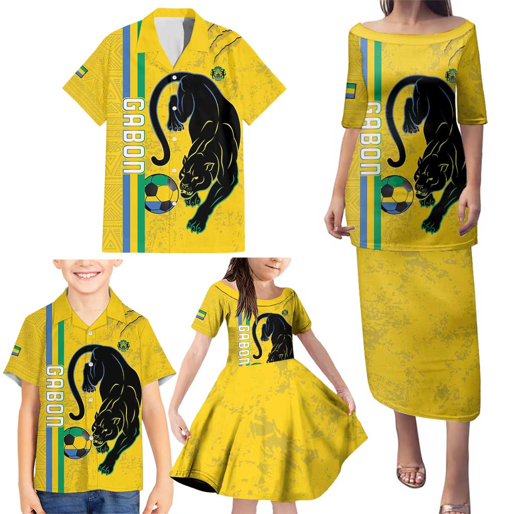 Custom Gabon Football Family Matching Puletasi and Hawaiian Shirt Go Les Pantheres - Yellow Ver