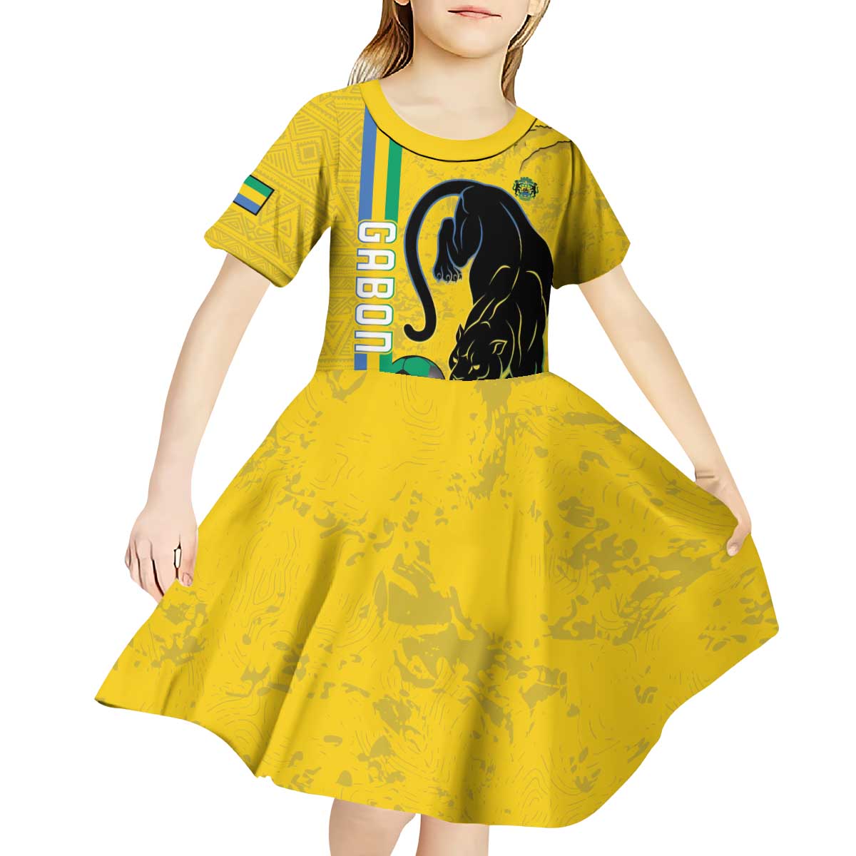 Custom Gabon Football Kid Short Sleeve Dress Go Les Pantheres - Yellow Ver