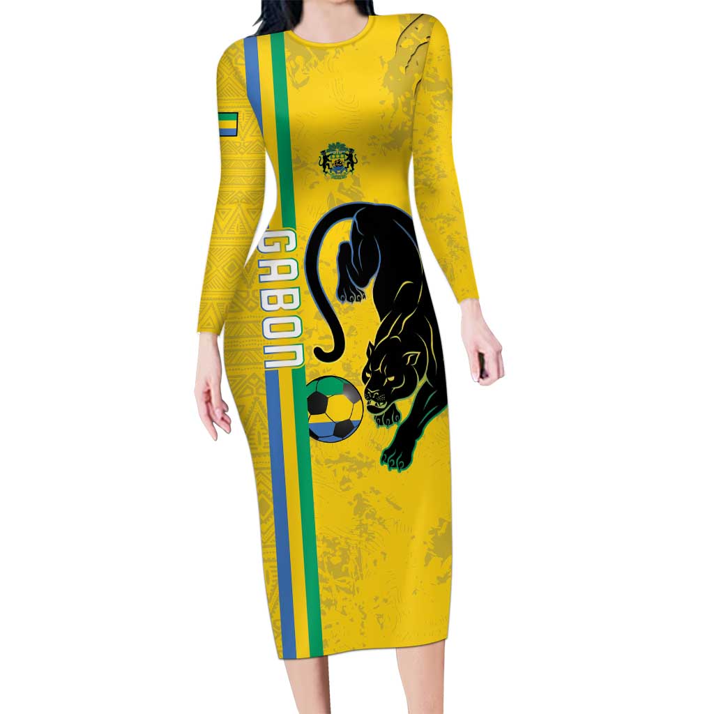 Custom Gabon Football Long Sleeve Bodycon Dress Go Les Pantheres - Yellow Ver
