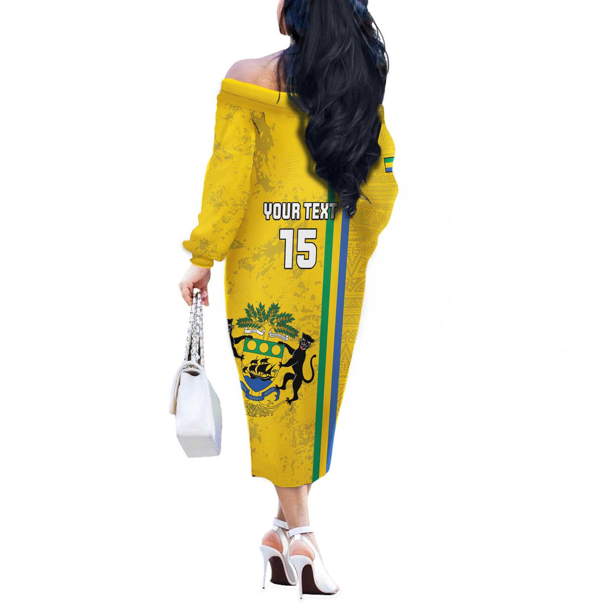 Custom Gabon Football Off The Shoulder Long Sleeve Dress Go Les Pantheres - Yellow Ver