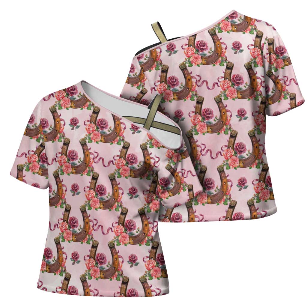 Kentucky Lucky Horseshoe Floral Cross Shoulder Shirt Vintage Western Pattern