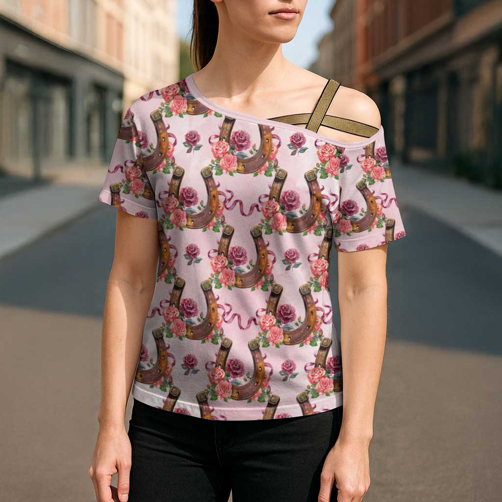 Kentucky Lucky Horseshoe Floral Cross Shoulder Shirt Vintage Western Pattern