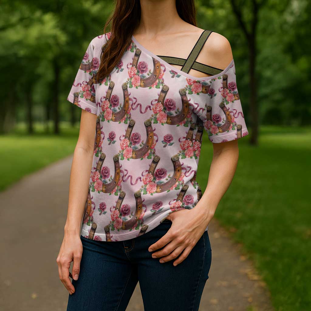 Kentucky Lucky Horseshoe Floral Cross Shoulder Shirt Vintage Western Pattern