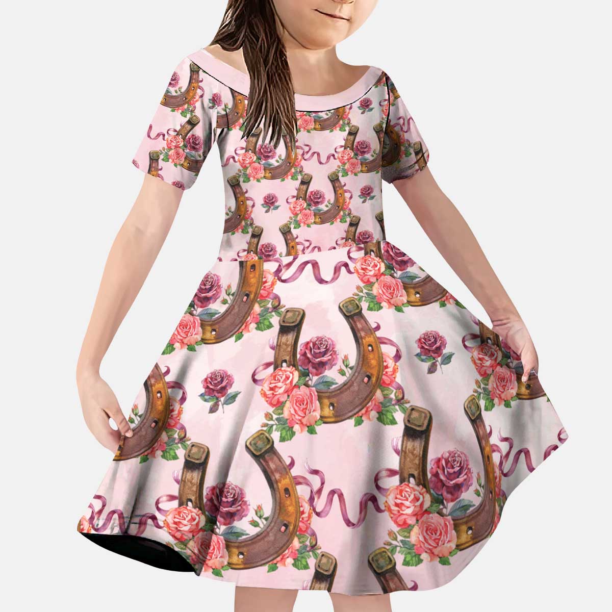 Kentucky Lucky Horseshoe Floral Kid Short Sleeve Dress Vintage Western Pattern