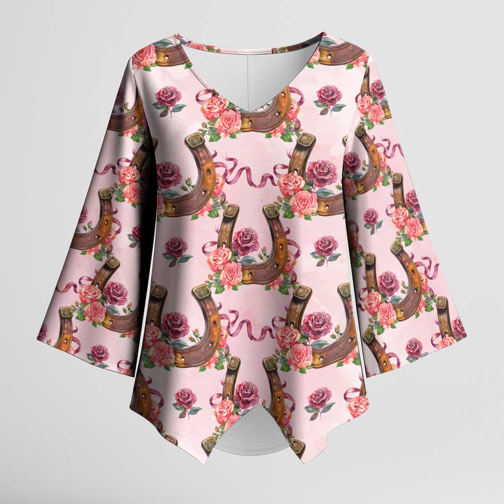 Kentucky Lucky Horseshoe Floral Kimono Sleeve Blouse Vintage Western Pattern