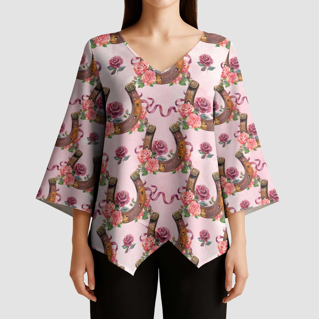 Kentucky Lucky Horseshoe Floral Kimono Sleeve Blouse Vintage Western Pattern