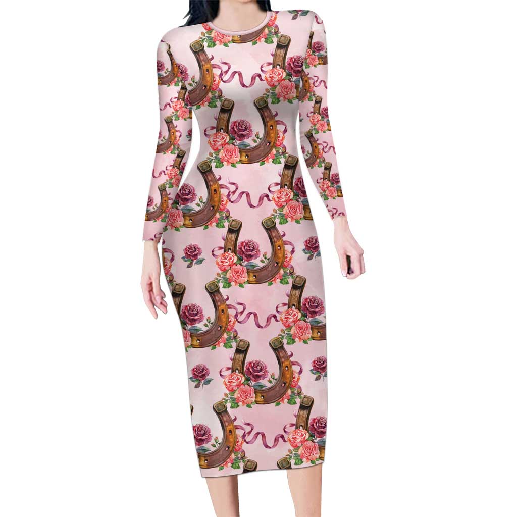 Kentucky Lucky Horseshoe Floral Long Sleeve Bodycon Dress Vintage Western Pattern