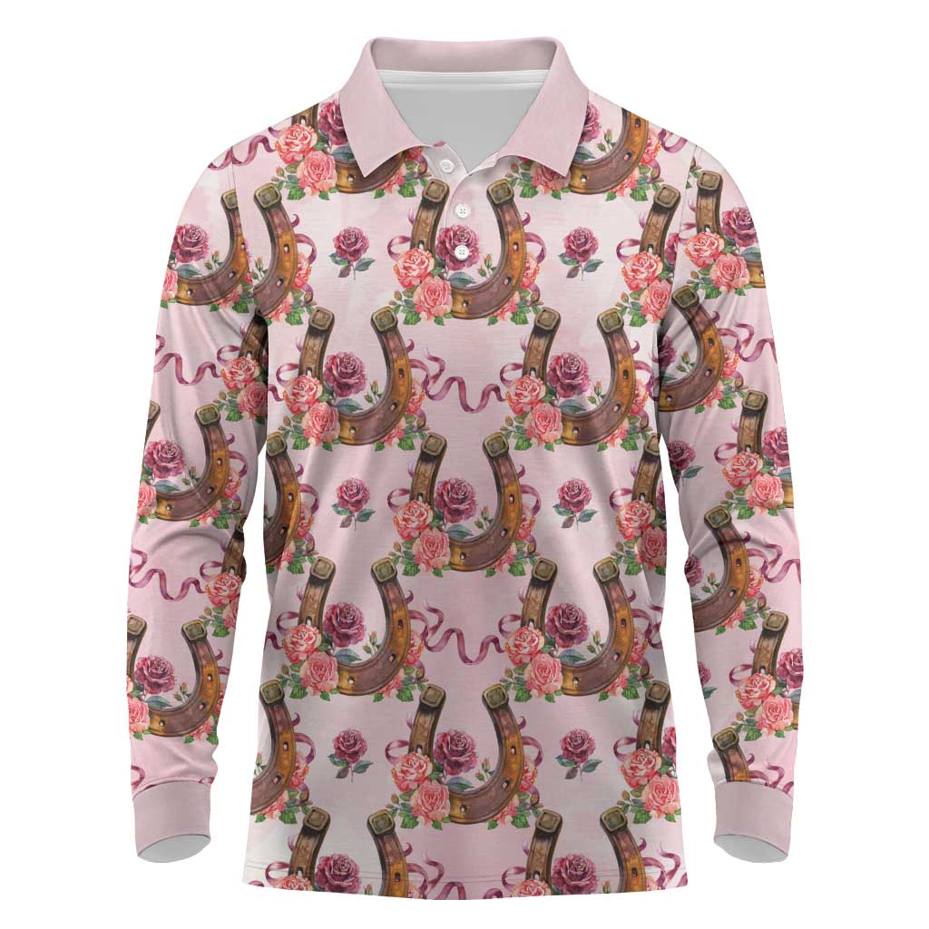 Kentucky Lucky Horseshoe Floral Long Sleeve Polo Shirt Vintage Western Pattern