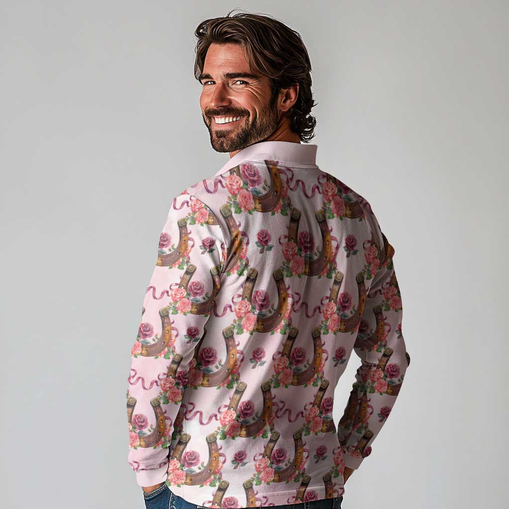 Kentucky Lucky Horseshoe Floral Long Sleeve Polo Shirt Vintage Western Pattern