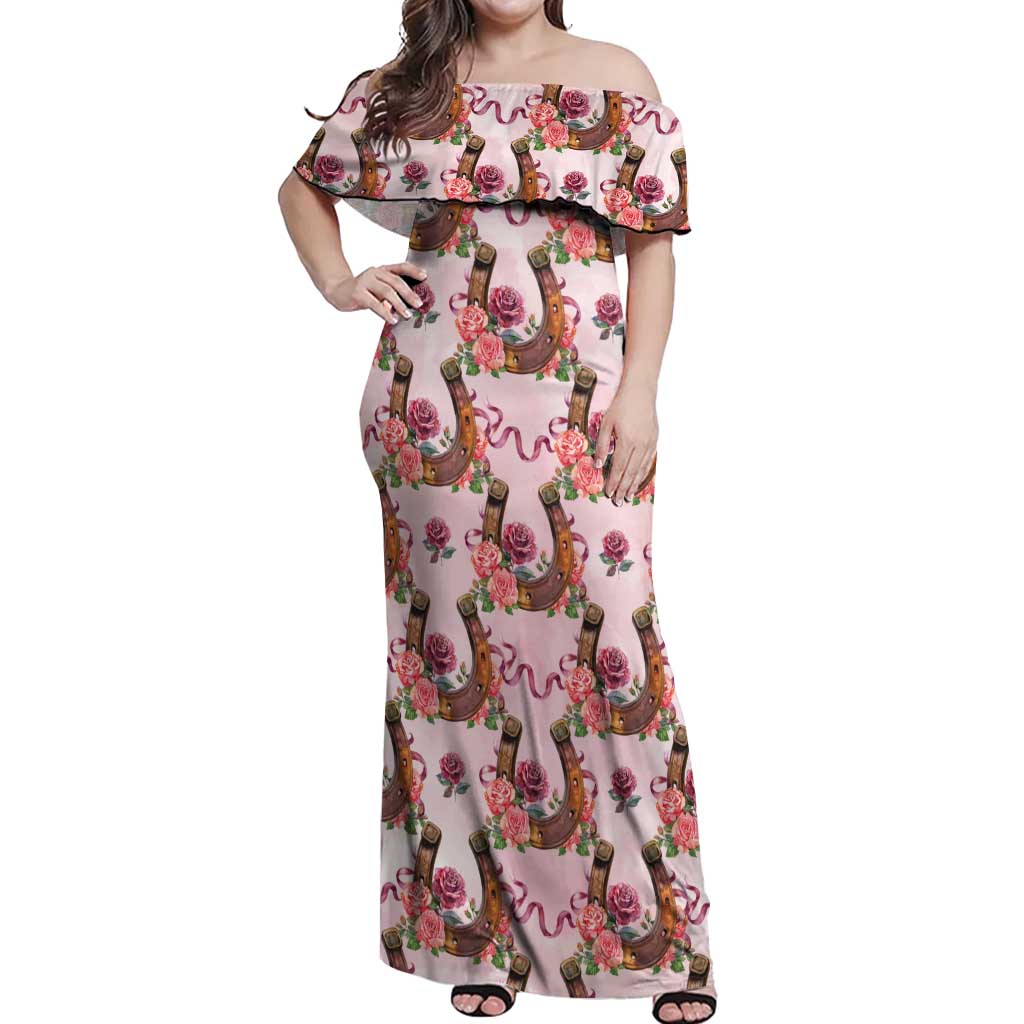 Kentucky Lucky Horseshoe Floral Off Shoulder Maxi Dress Vintage Western Pattern