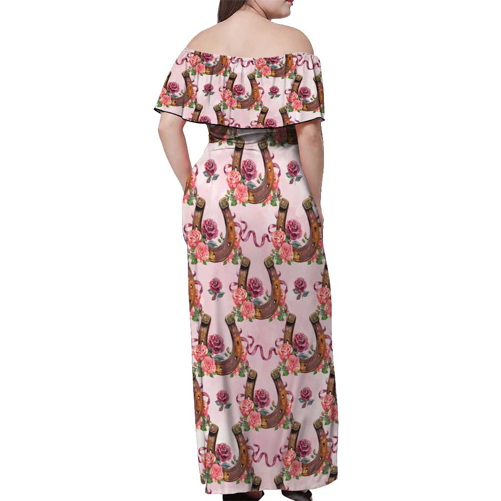 Kentucky Lucky Horseshoe Floral Off Shoulder Maxi Dress Vintage Western Pattern