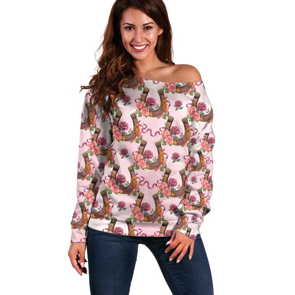 Kentucky Lucky Horseshoe Floral Off Shoulder Sweater Vintage Western Pattern