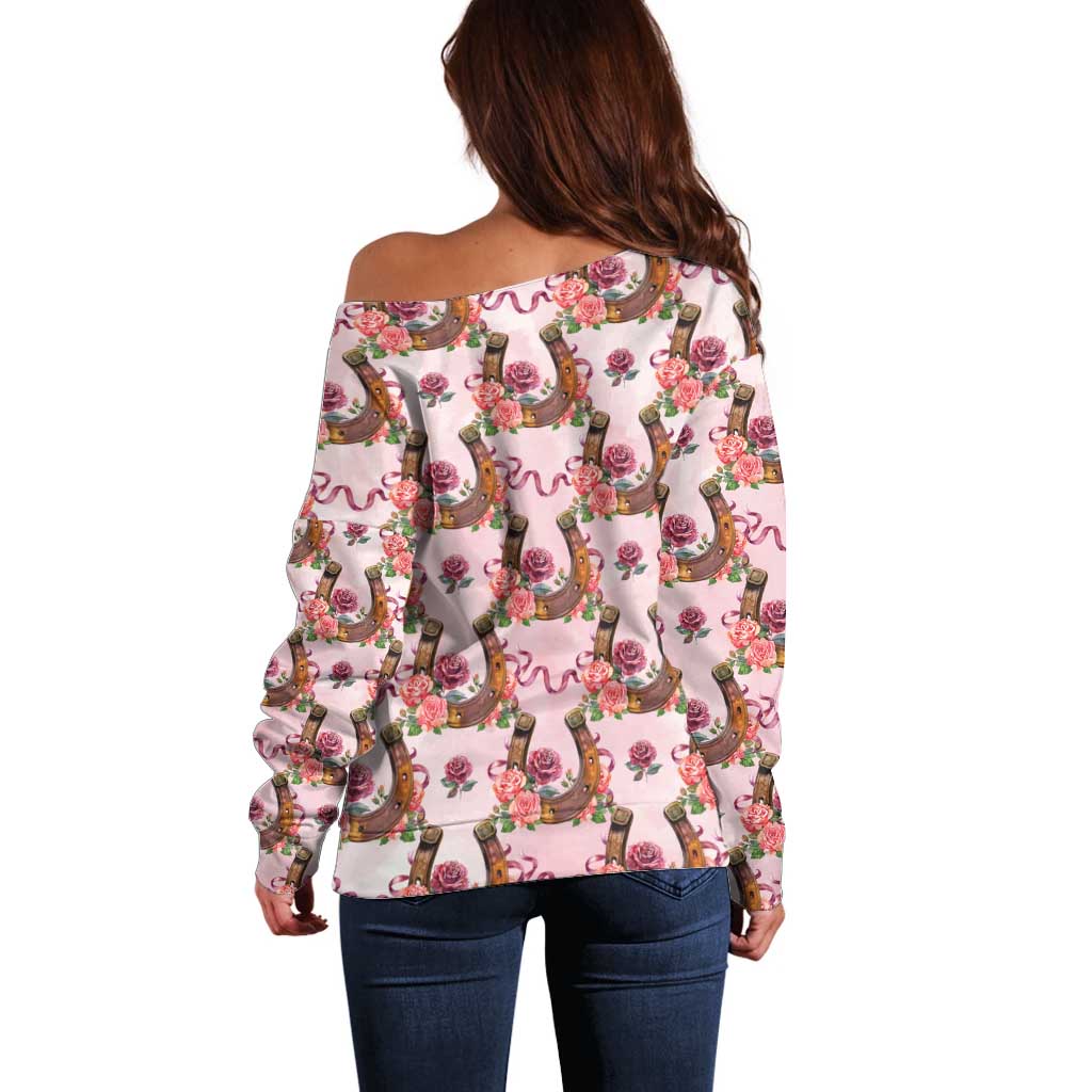 Kentucky Lucky Horseshoe Floral Off Shoulder Sweater Vintage Western Pattern