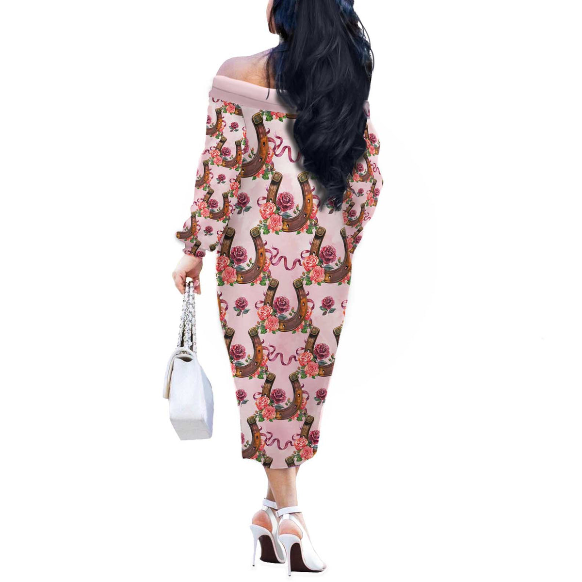Kentucky Lucky Horseshoe Floral Off The Shoulder Long Sleeve Dress Vintage Western Pattern