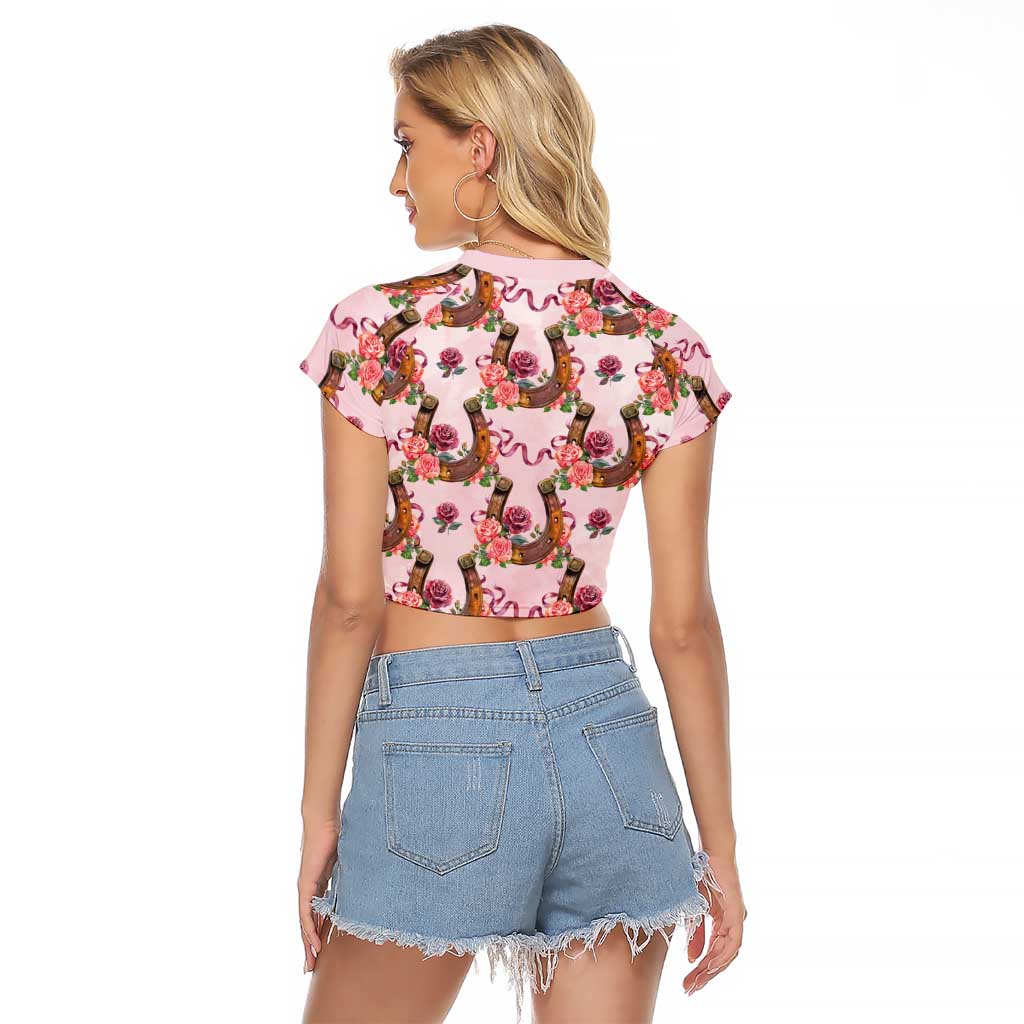 Kentucky Lucky Horseshoe Floral Raglan Cropped T Shirt Vintage Western Pattern