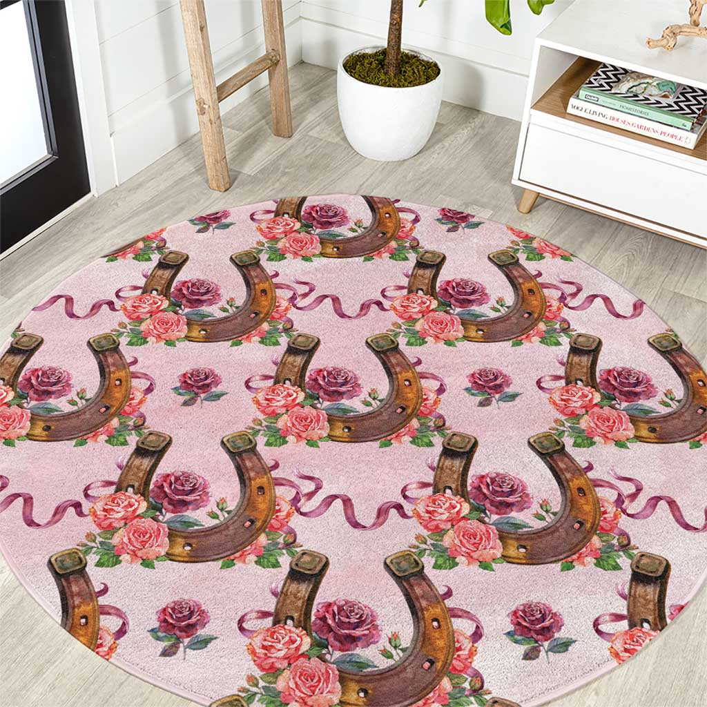Kentucky Lucky Horseshoe Floral Round Carpet Vintage Western Pattern