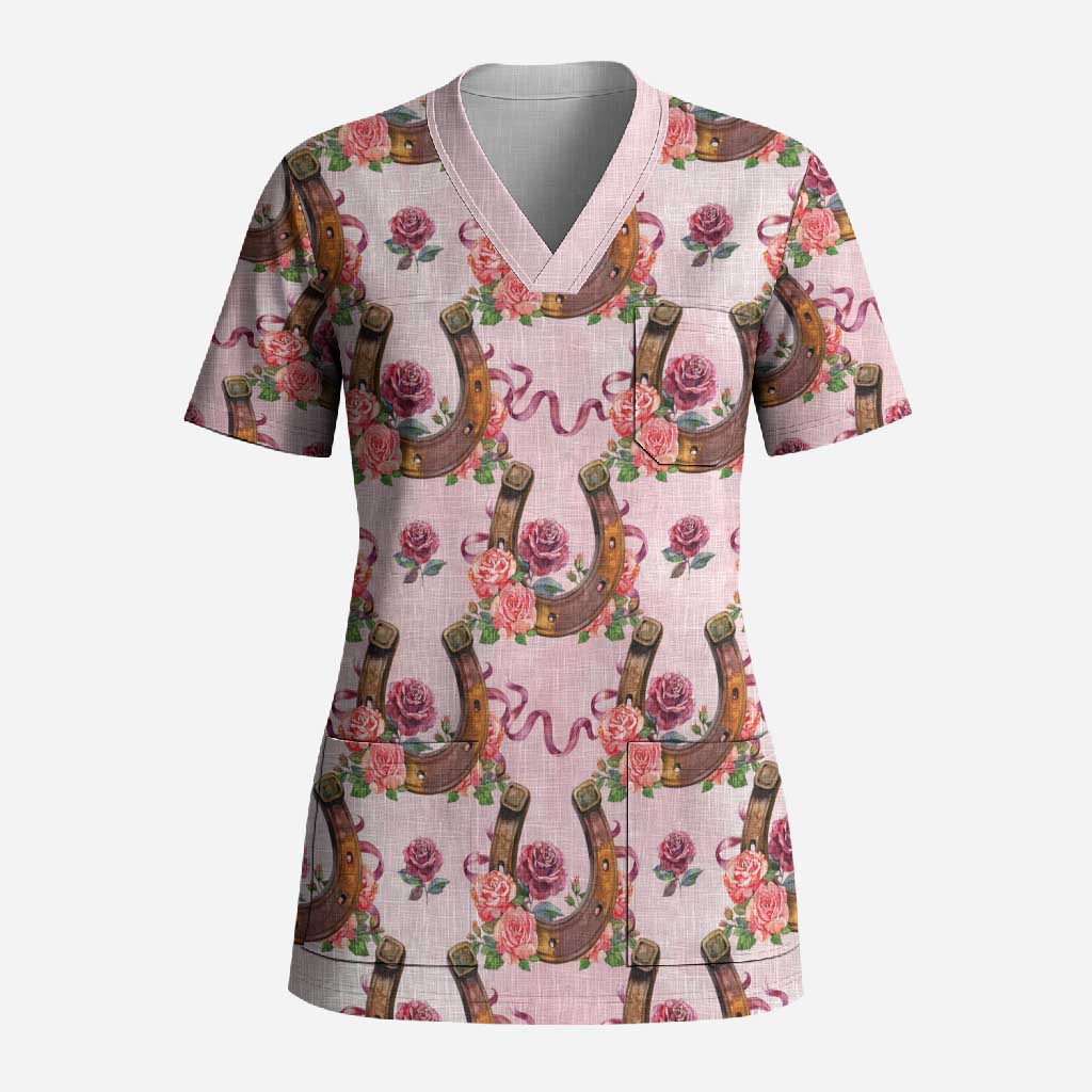 Kentucky Lucky Horseshoe Floral Scrub Top Vintage Western Pattern