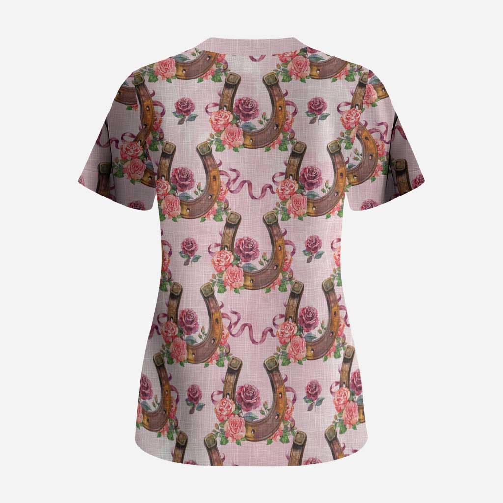 Kentucky Lucky Horseshoe Floral Scrub Top Vintage Western Pattern
