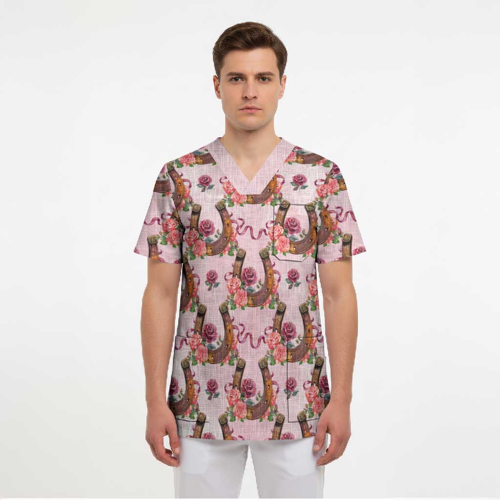 Kentucky Lucky Horseshoe Floral Scrub Top Vintage Western Pattern